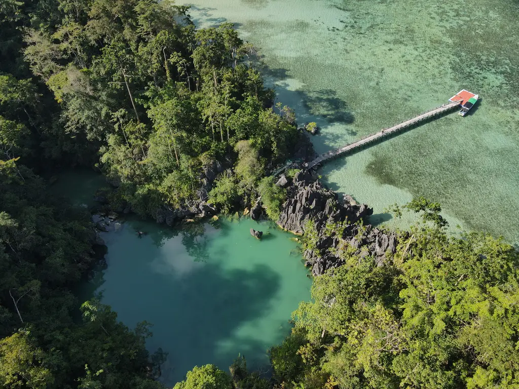 A narrow wooden walkway running out across a green lagoon towards a gap in the limestone