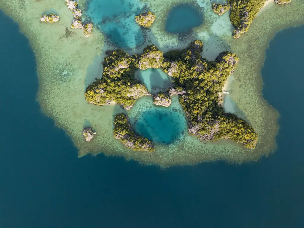 Deep blue pools set into a pale reef, seen from directly above with green islets between them