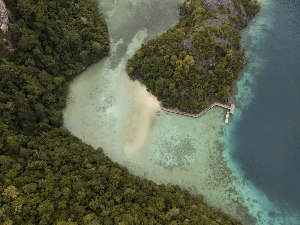 A pale sandbar curving out from a forested island, with a small jetty at its edge
