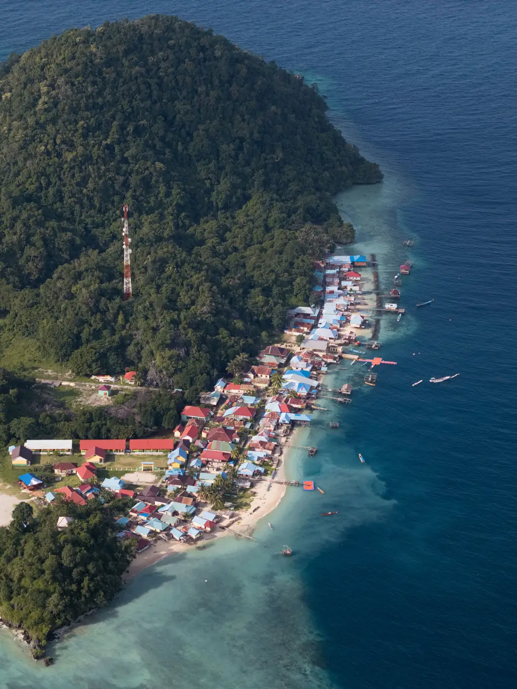 A village of stilt houses with red and blue roofs, built along the shoreline and out over the water