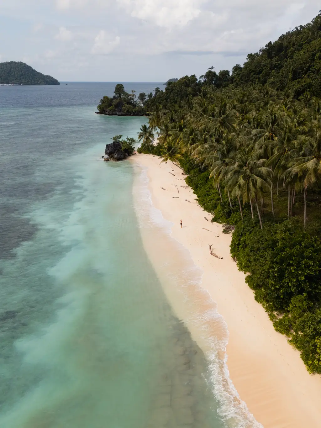 An empty white sand beach curving between palms and clear shallow water