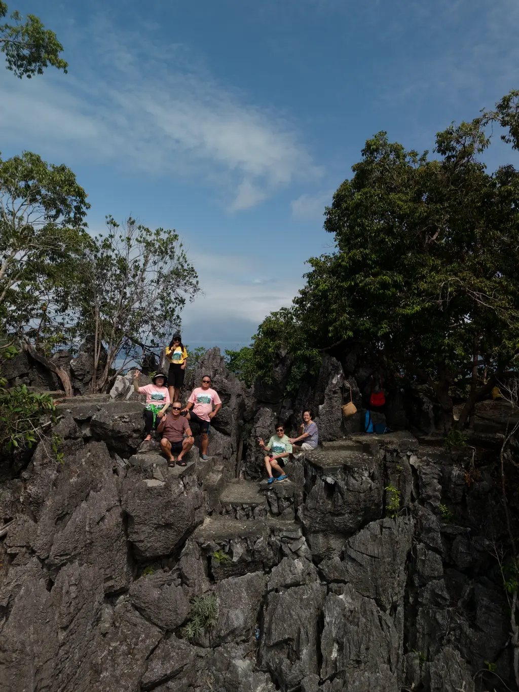A group of visitors sitting and standing on a jagged limestone summit among trees, with blue sky behind them