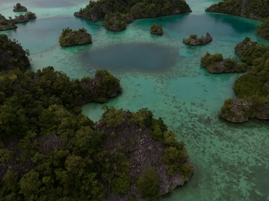 A cluster of small karst islands in pale green water, seen from above