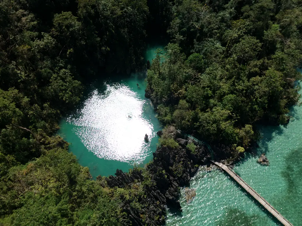 A near-circular lagoon enclosed by forest, reached by a wooden walkway from the sea