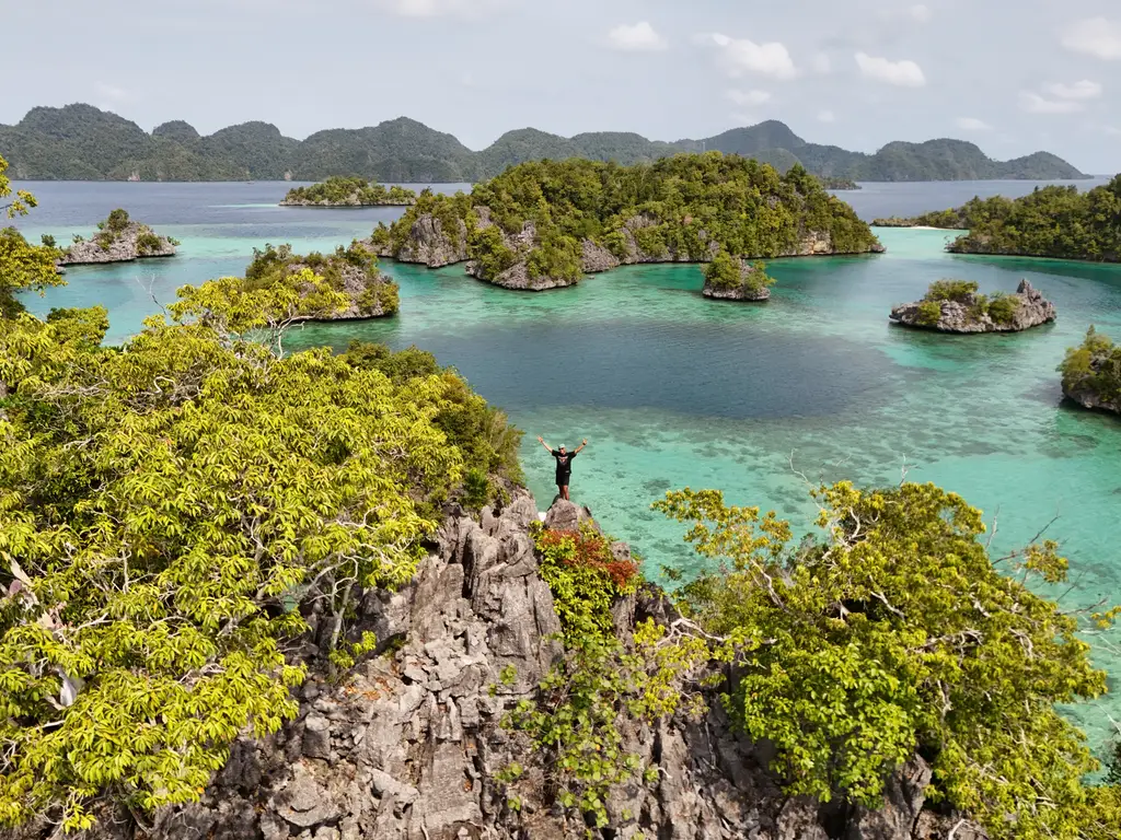 A person standing on a limestone outcrop above a bay full of small karst islands