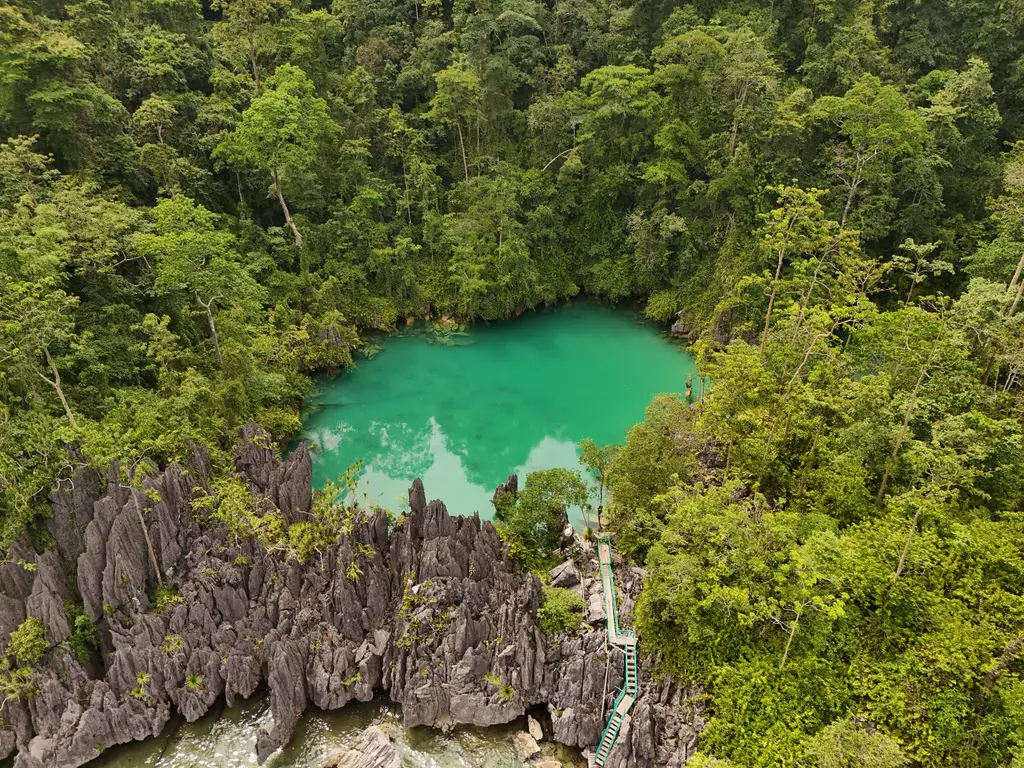 Sharp weathered limestone ridges dropping into a green lagoon, with a stepped walkway cut through the rock