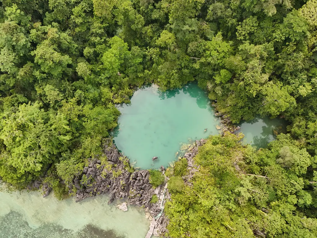 A still green lagoon hemmed in by limestone and dense forest