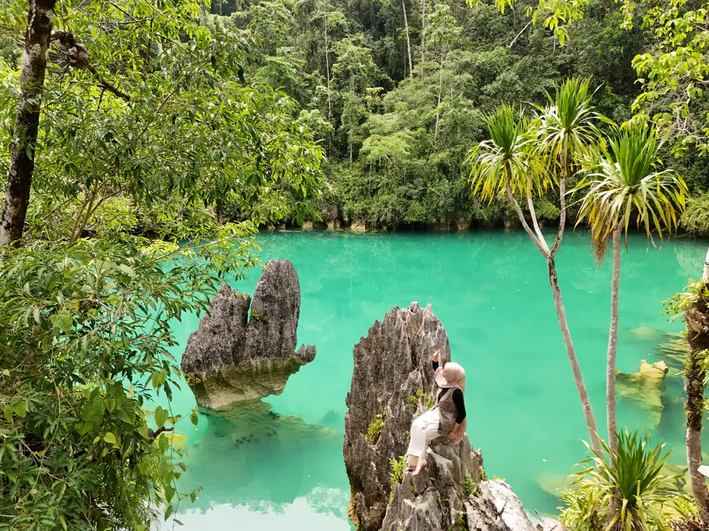A green lagoon enclosed by jungle and jagged limestone, with a bare rock spire standing in the shallows