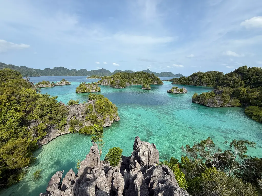 Jagged limestone pinnacles in the foreground with karst islets and turquoise channels spreading out behind them